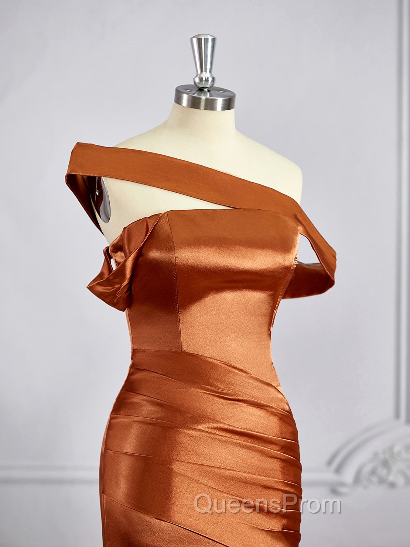 Sheath/Column Off-the-Shoulder Sweep Train Silk like Satin Bridesmaid Dress with Leg Slit