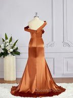 Sheath/Column Off-the-Shoulder Sweep Train Silk like Satin Bridesmaid Dress with Leg Slit
