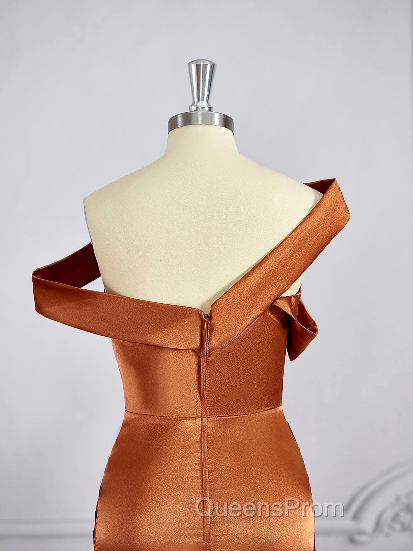Sheath/Column Off-the-Shoulder Sweep Train Silk like Satin Bridesmaid Dress with Leg Slit