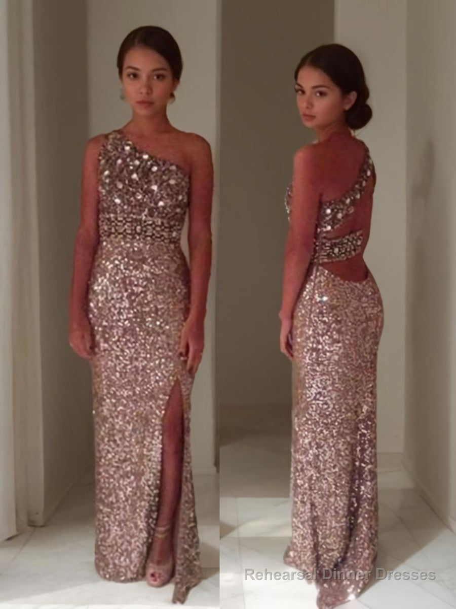 Sheath/Column One-Shoulder Floor-Length Sequins Prom Dresses With Leg Slit Main image