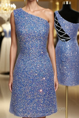 Sheath/Column One-Shoulder Short/Mini Velvet Sequins Homecoming Dress
