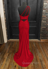 Sheath/Column One-Shoulder Sleeveless Jersey Long/Floor-Length Red Evening Prom Dress With Pleated Split