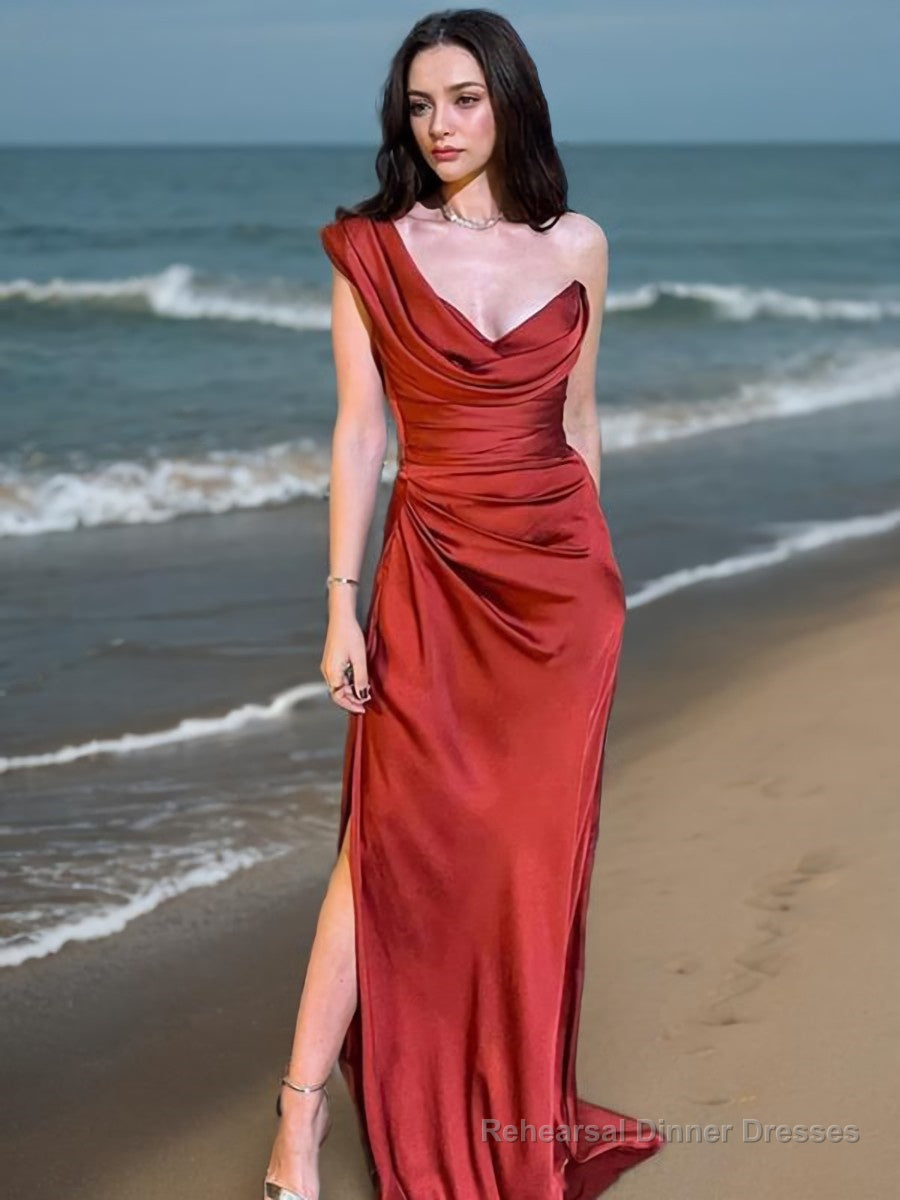 Sheath/Column One-Shoulder Sweep Train Elastic Woven Satin Prom Dresses With Leg Slit Main image