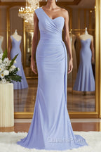 Sheath/Column One-Shoulder Sweep Train Jersey Bridesmaid Dress