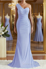 Sheath/Column One-Shoulder Sweep Train Jersey Bridesmaid Dress