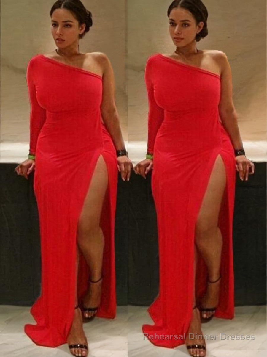 Sheath/Column One-Shoulder Sweep Train Spandex Evening Dresses With Ruffles Main image