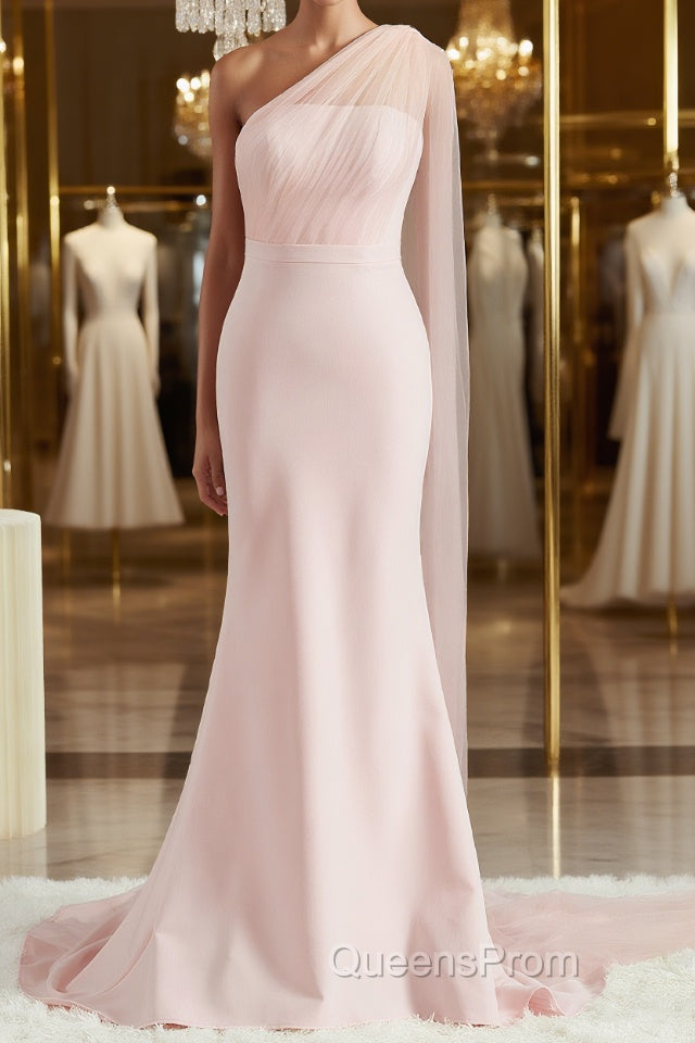 Sheath/Column One-Shoulder Sweep Train Stretch Crepe Bridesmaid Dress Main image