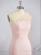 Sheath/Column One-Shoulder Sweep Train Stretch Crepe Bridesmaid Dress