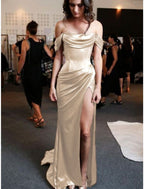Sheath Column Classy Prom Dress Minimalist Dress Classy Evening Party Sweep Brush Train Sleeveless Strapless Charmeuse With Pleats Ruched Slit