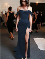 Sheath Column Classy Prom Dress Minimalist Dress Classy Evening Party Sweep Brush Train Sleeveless Strapless Charmeuse With Pleats Ruched Slit