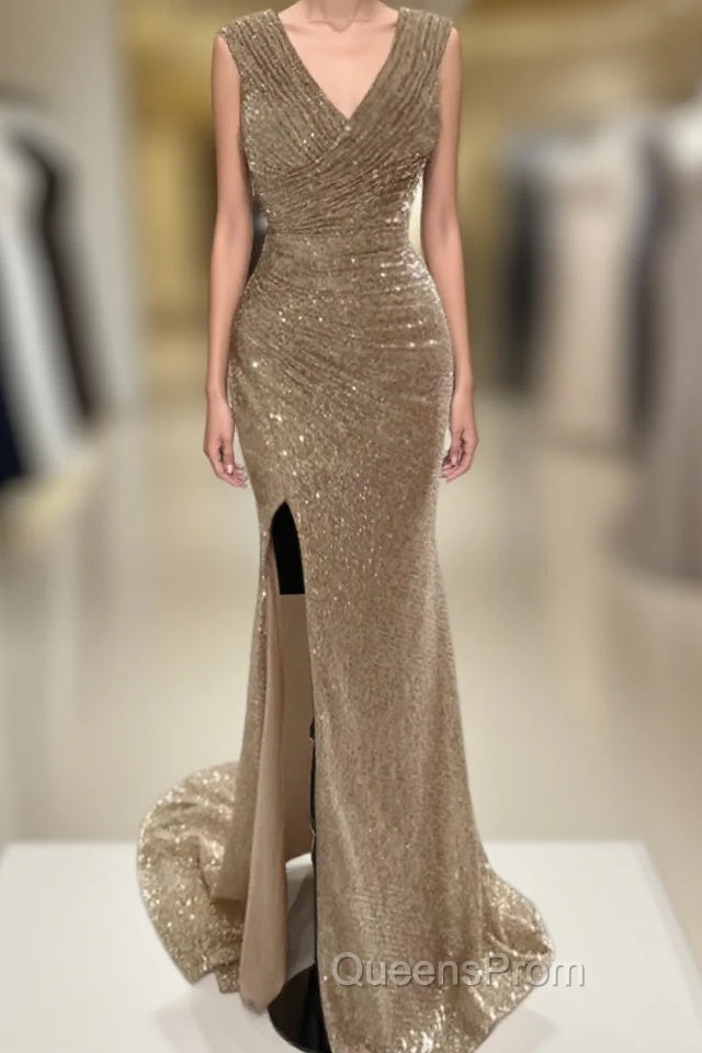Sheath / Column Evening Prom Dress Sparkle & Shine Dress Cocktail Party Sweep / Brush Train Sleeveless V Neck Sequined With Glitter Ruched Slit Main image