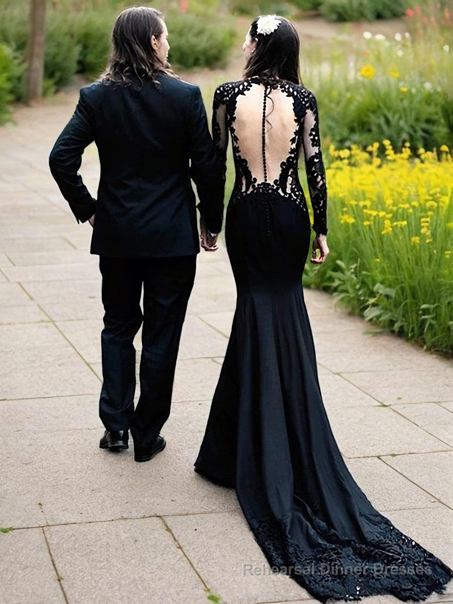 Sheath/Column Scoop Sweep Train Stretch Crepe Prom Dresses With Appliques Lace Secondary image