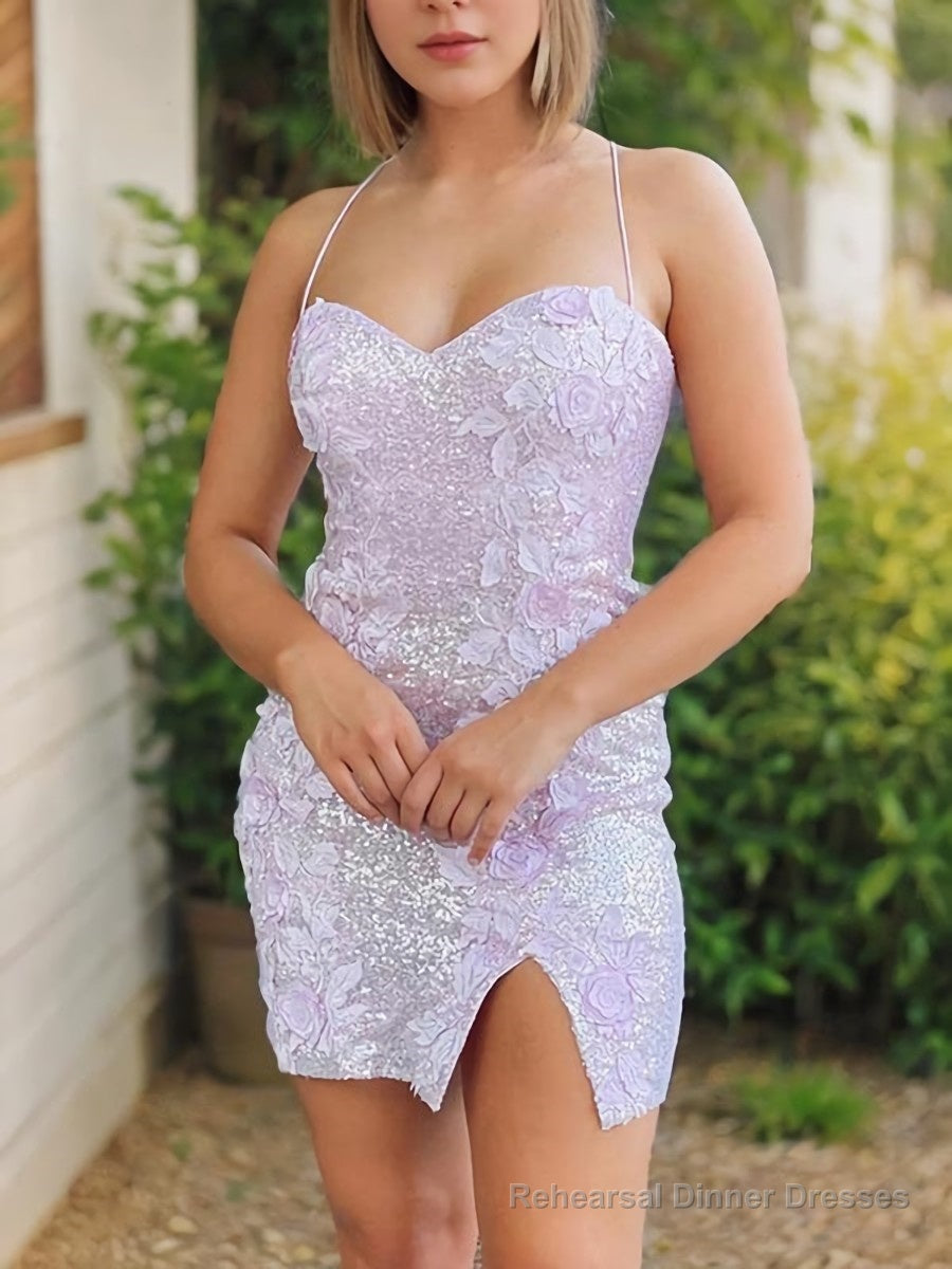 Sheath/Column Spaghetti Straps Short/Mini Sequins Homecoming Dresses Appliques Lace Main image