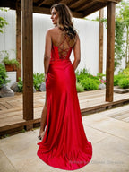 Sheath/Column Spaghetti Straps Sweep Train Elastic Woven Satin Prom Dresses With Leg Slit