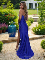 Sheath/Column Spaghetti Straps Sweep Train Elastic Woven Satin Prom Dresses With Leg Slit