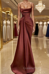 Sheath/Column Spaghetti Straps Floor-Length Elastic Woven Satin Evening Prom Dress With Ruffles