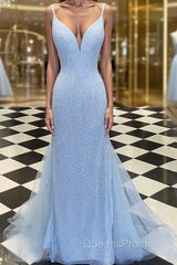 Sheath/Column Spaghetti Straps Sweep Train Tulle Evening Dress With Sequin