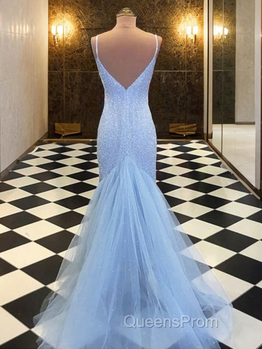Sheath/Column Spaghetti Straps Sweep Train Tulle Evening Dress With Sequin