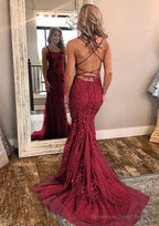 Sheath/Column Square Neckline Sleeveless Court Train Lace Prom Dresses With Appliqued