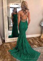 Sheath/Column Square Neckline Sleeveless Court Train Lace Prom Dresses With Appliqued