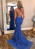 Sheath/Column Square Neckline Sleeveless Court Train Lace Prom Dresses With Appliqued