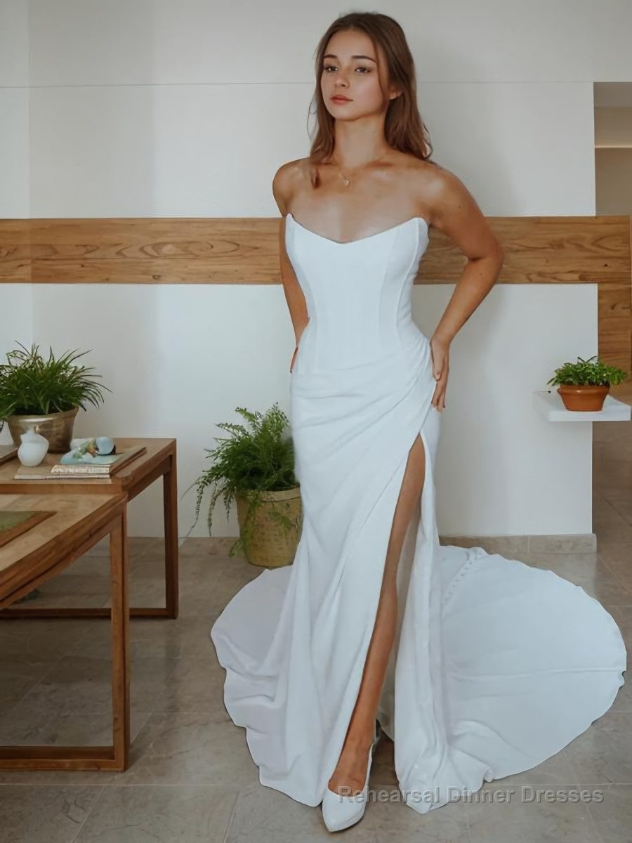 Sheath/Column Strapless Court Train Stretch Crepe Wedding Dresses With Leg Slit Secondary image