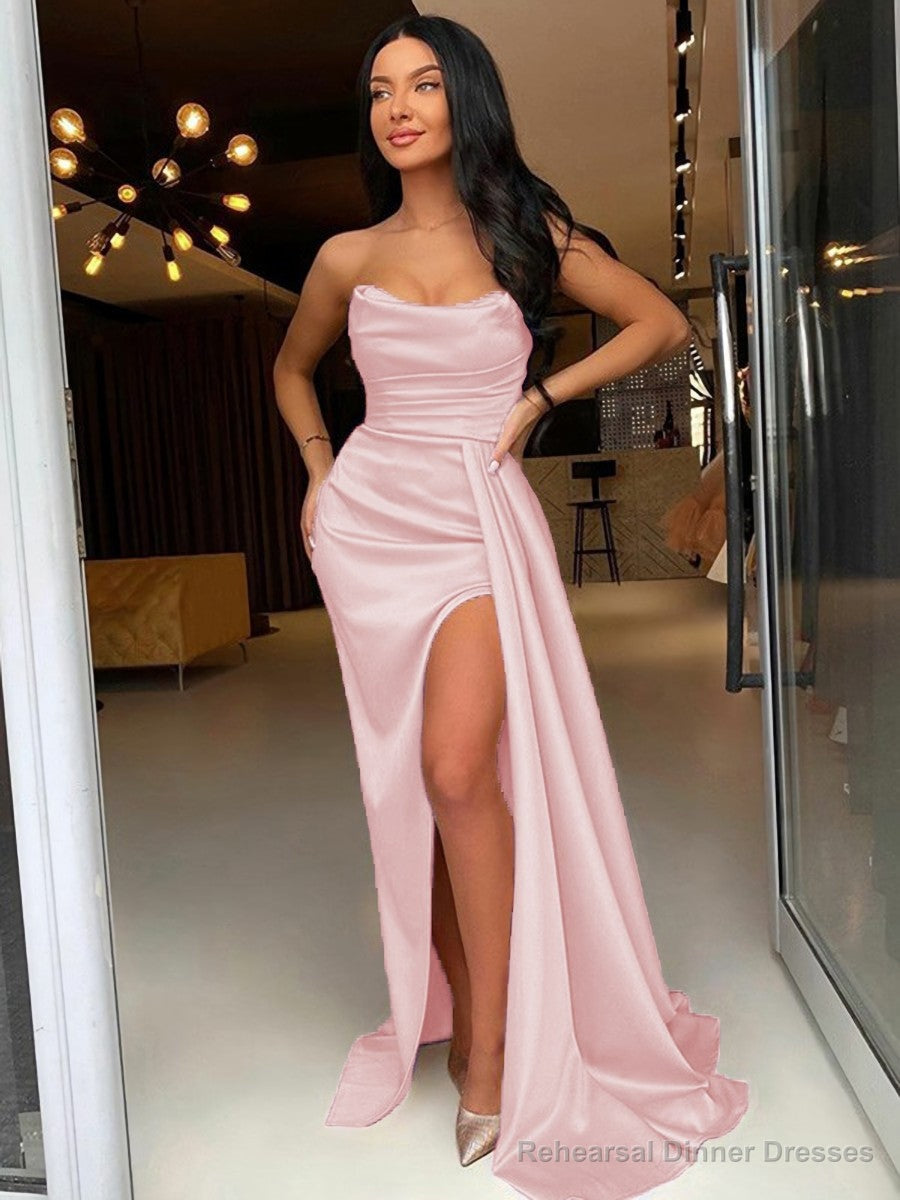 Sheath/Column Strapless Sweep Train Elastic Woven Satin Prom Dresses With Leg Slit