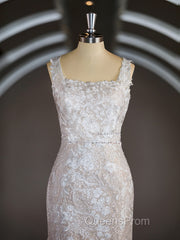 Sheath/Column Straps Sweep Train Lace Wedding Dress with Appliques Lace