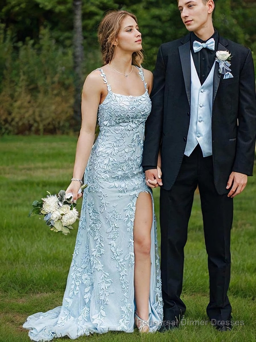 Sheath/Column Straps Sweep Train Tulle Prom Dresses With Leg Slit Main image