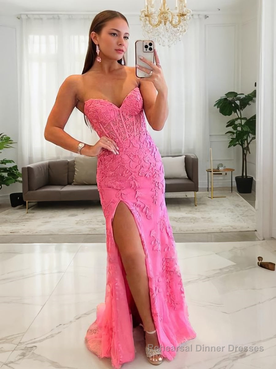 Sheath/Column Sweetheart Sweep Train Tulle Prom Dresses With Leg Slit Main image