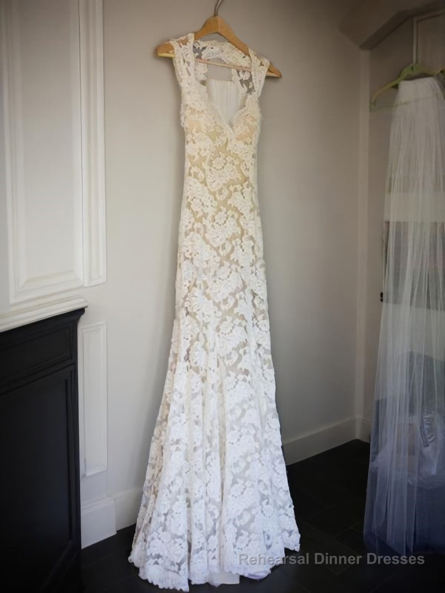 Sheath/Column V-neck Court Train Lace Wedding Dresses With Belt/Sash Secondary image
