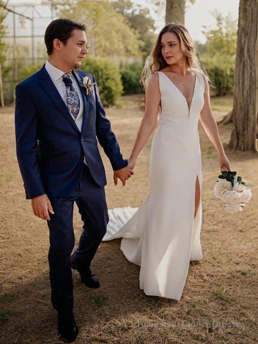 Sheath/Column V-neck Court Train Stretch Crepe Wedding Dresses With Leg Slit Main image