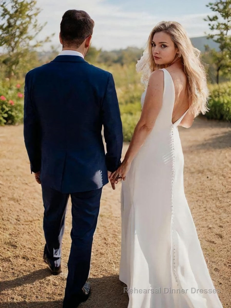 Sheath/Column V-neck Court Train Stretch Crepe Wedding Dresses With Leg Slit Secondary image