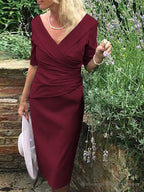 Sheath/Column V-neck Knee-Length Satin Mother of the Bride Dresses With Ruffles