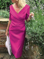 Sheath/Column V-neck Knee-Length Satin Mother of the Bride Dresses With Ruffles