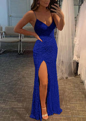 Sheath/Column V Neck Spaghetti Straps Long/Floor-Length Velvet Sequins Prom Dresses With Split
