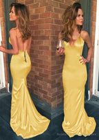 Sheath/Column V Neck Spaghetti Straps Sweep Train Charmeuse Prom Dresses