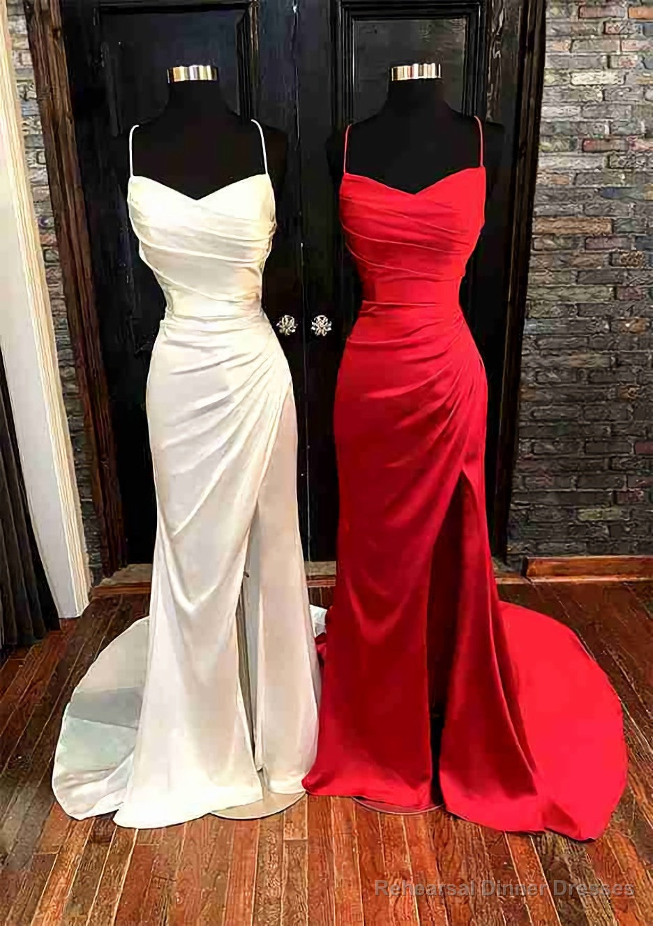 Sheath/Column V Neck Spaghetti Straps Sweep Train Satin Prom Dresses With Pleated Split