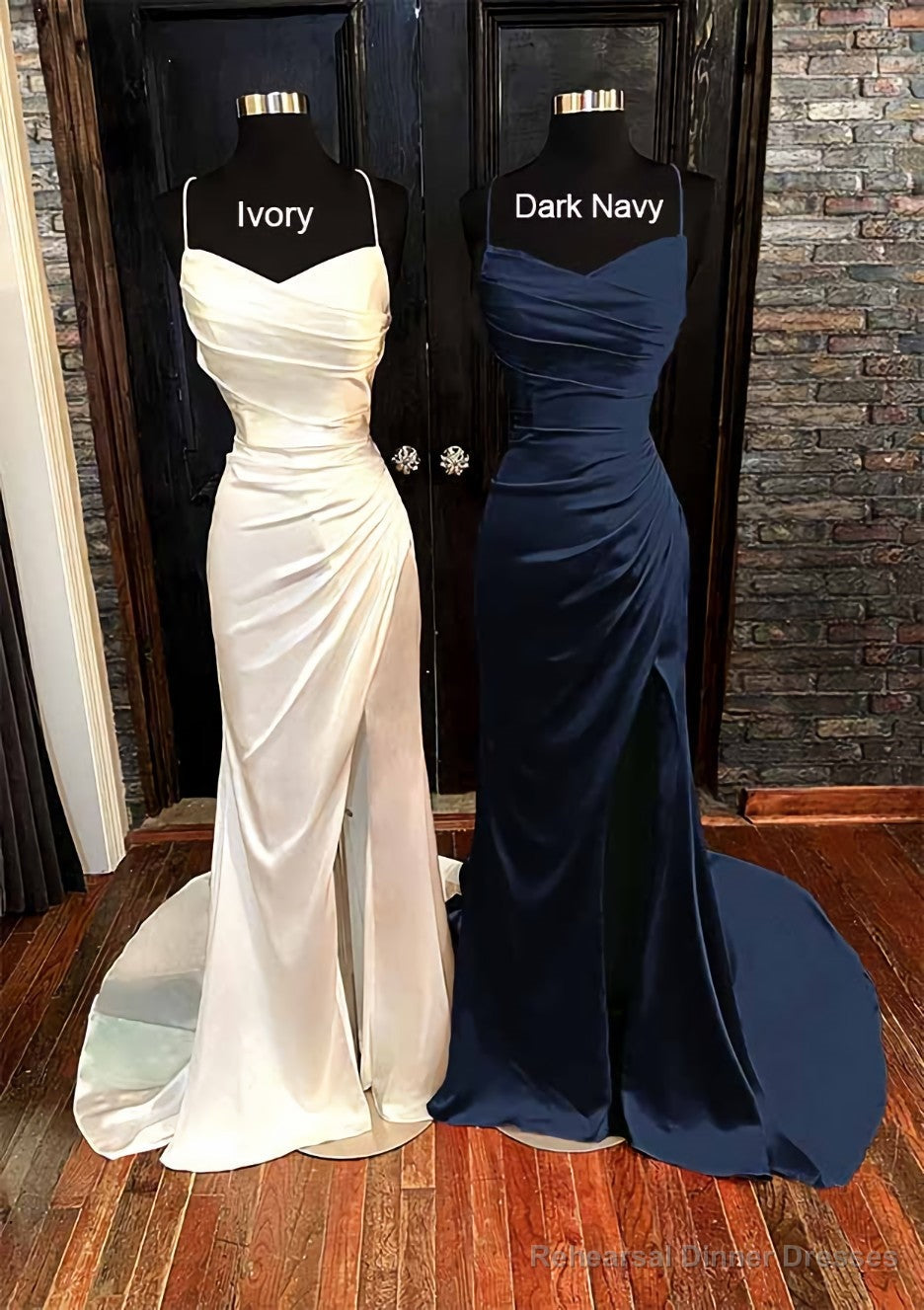 Sheath/Column V Neck Spaghetti Straps Sweep Train Satin Prom Dresses With Pleated Split Main image