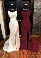Sheath/Column V Neck Spaghetti Straps Sweep Train Satin Prom Dresses With Pleated Split