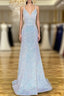 Sheath/Column V Neck Spaghetti Straps Sweep Train Sequined Evening Prom Dress With Pleated