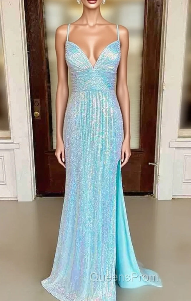 Sheath/Column V Neck Spaghetti Straps Sweep Train Sequined Evening Prom Dress With Split