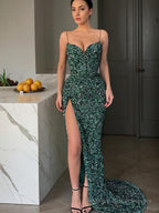 Sheath/Column V-neck Sweep Train Evening Dresses With Leg Slit