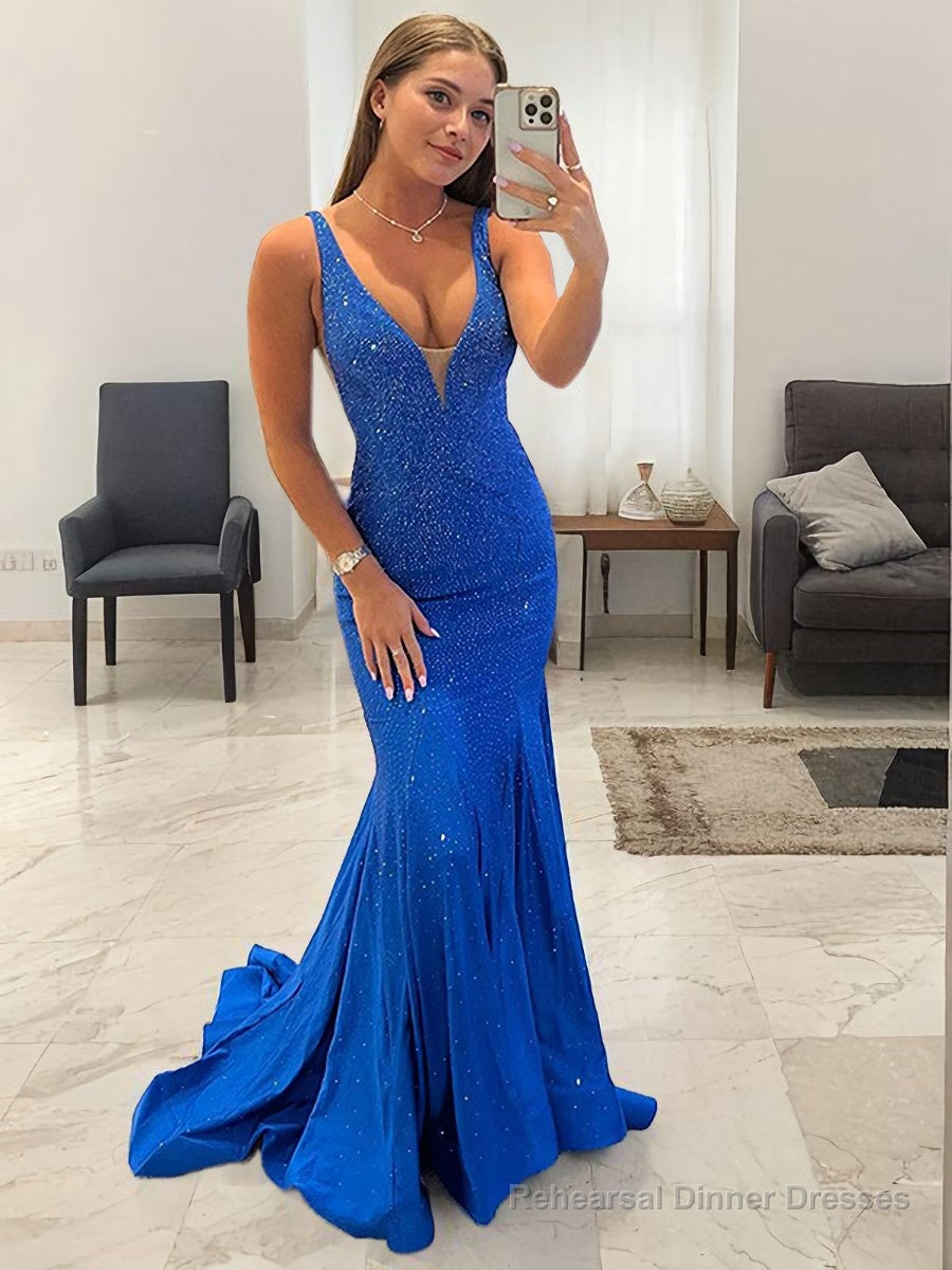 Sheath/Column V-neck Sweep Train Jersey Prom Dresses Main image