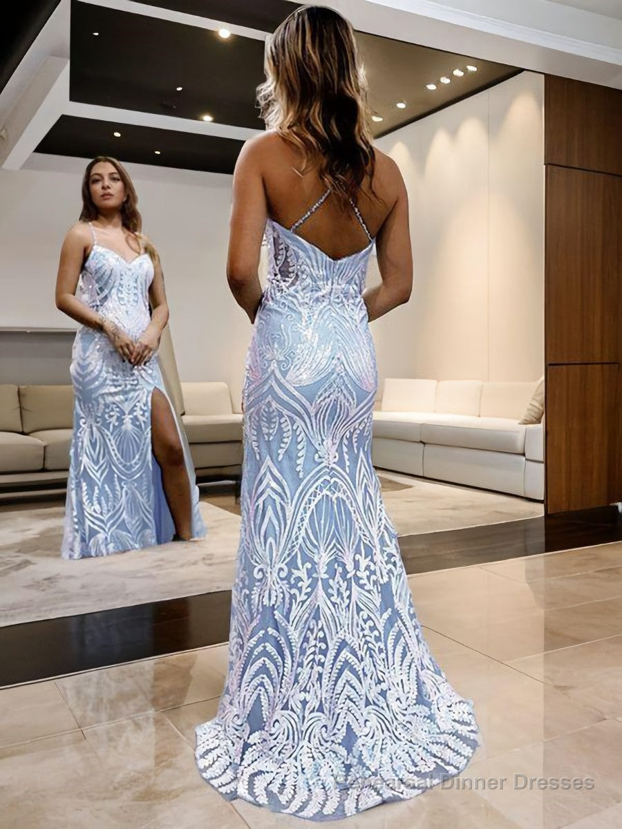 Sheath/Column V-neck Sweep Train Lace Prom Dresses With Leg Slit Secondary image