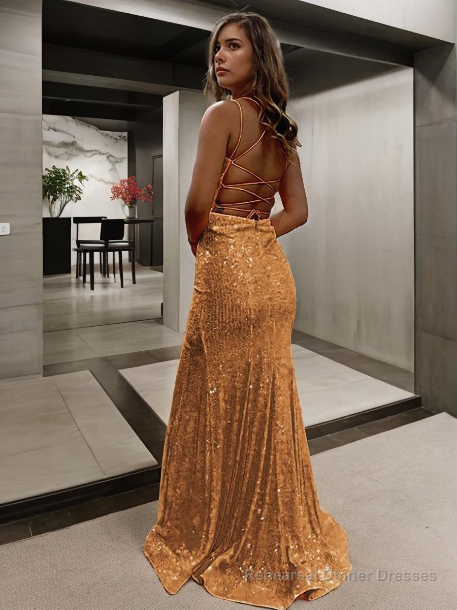Sheath/Column V-neck Sweep Train Prom Dresses With Leg Slit Secondary image