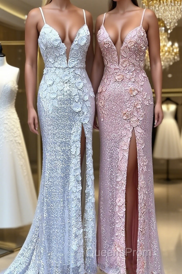 Sheath/Column V-neck Sweep Train Sequins Evening Prom Dress With Leg Slit
