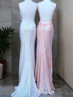 Sheath/Column V-neck Sweep Train Sequins Evening Prom Dress With Leg Slit