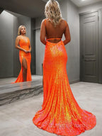 Sheath/Column V-neck Sweep Train Sequins Evening Prom Dress With Leg Slit