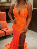 Sheath/Column V-neck Sweep Train Sequins Evening Prom Dress With Leg Slit
